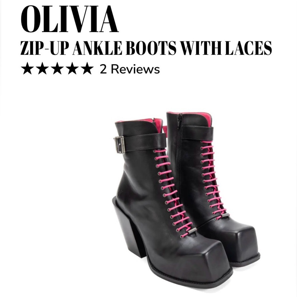John Fluevog Olivia zip up and laces Black Ankle Booties.